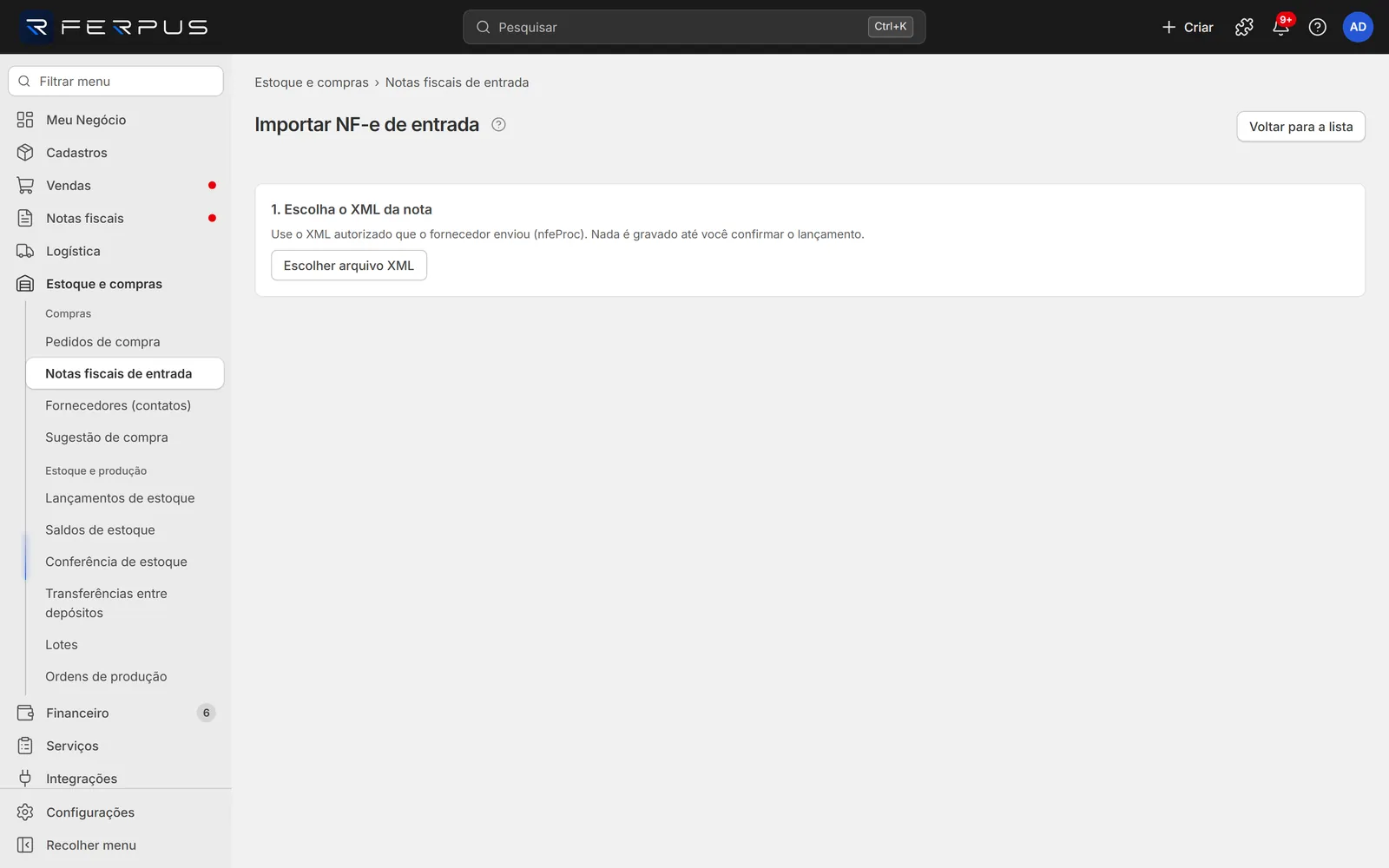 Tela Importar NF-e de entrada antes de escolher o arquivo