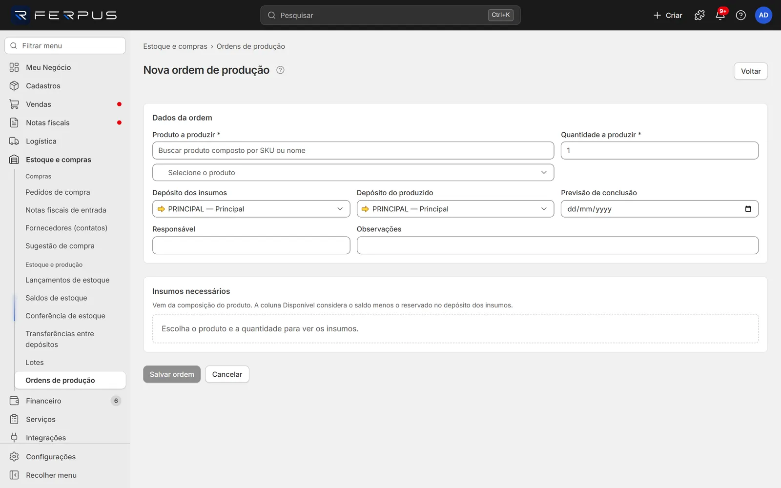Nova ordem de produção com os campos Produto a produzir e Quantidade a produzir