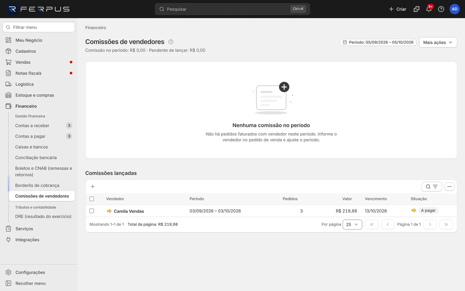Comissões de vendedores com o filtro de período, as colunas Base, Comissão, Pendente, Lançado e Pago e a lista de comissões lançadas