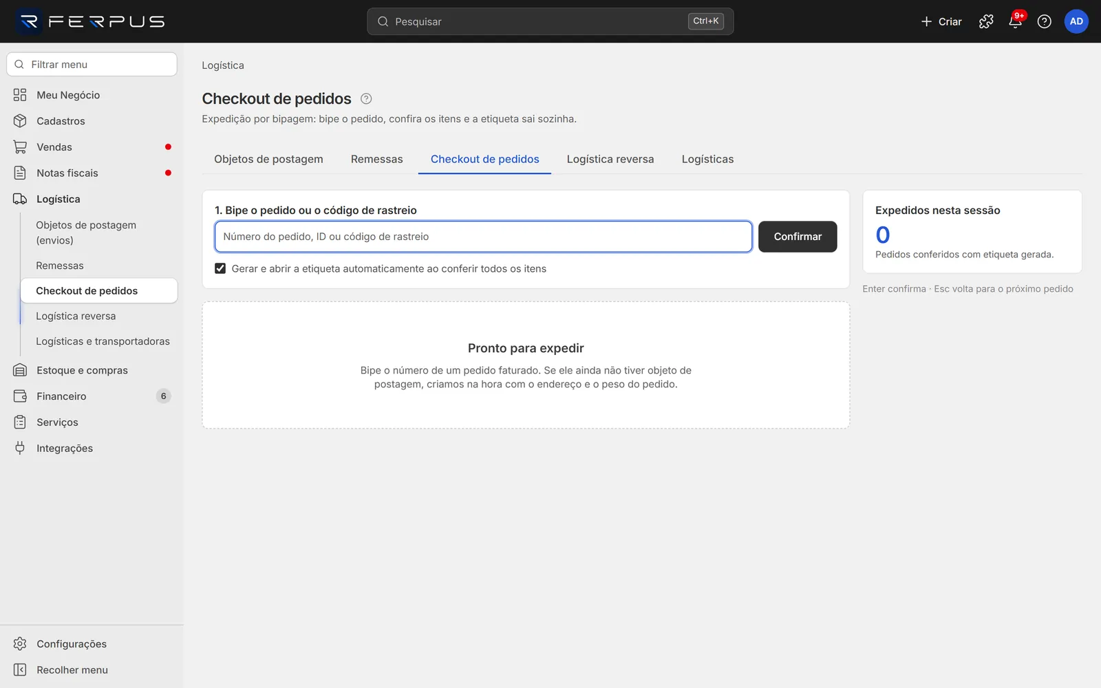 Tela de checkout de pedidos