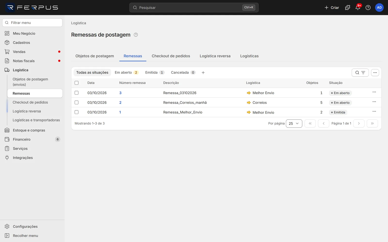 Lista de remessas