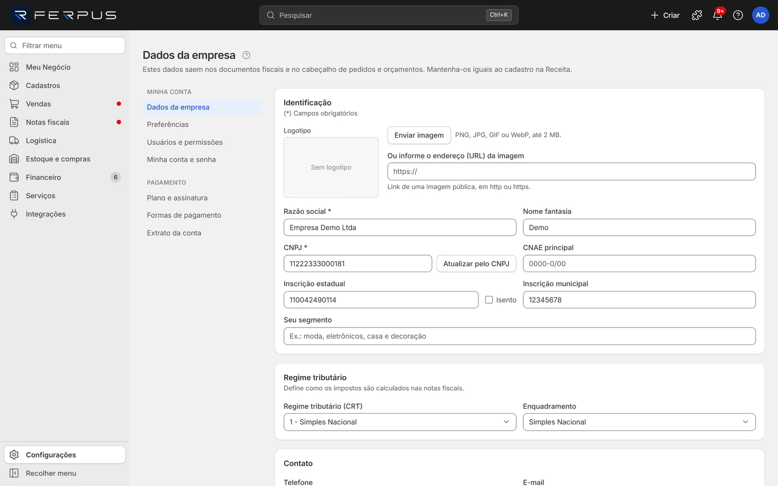 Tela Dados da empresa com o botão Atualizar pelo CNPJ