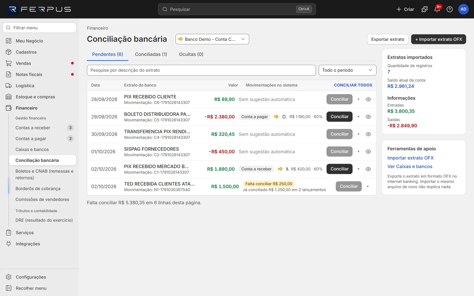Conciliação bancária com linhas do extrato OFX e as sugestões de contas a pagar e a receber